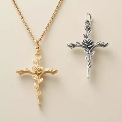 Rosebud Cross Pendant in Sterling Silver or 14K Yellow Gold - Image 3