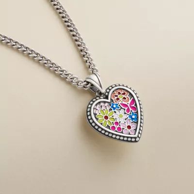 Enamel Floral Heart Pendant in Sterling Silver - Image 2