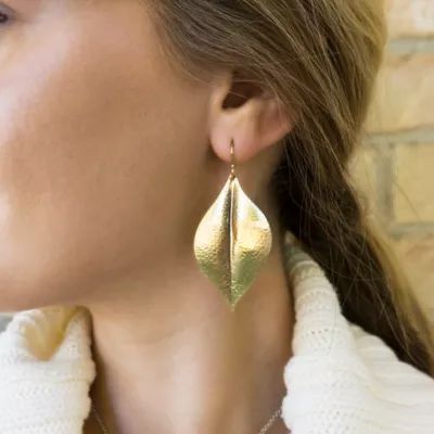 Repousse Leaf Dangle Earrings in 10K Yellow Gold - Image 2