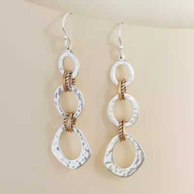 Hammered Linked Dangle Earrings in Sterling Silver and Bronze - Image 2