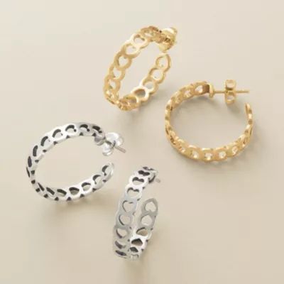 Tiny Hearts Hoop Earrings in Sterling Silver or 14K Yellow Gold - Image 3