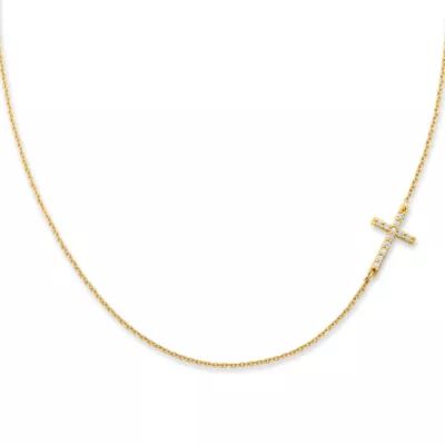 Delicate Pave Diamond Horizon Cross Necklace in 14K Yellow Gold