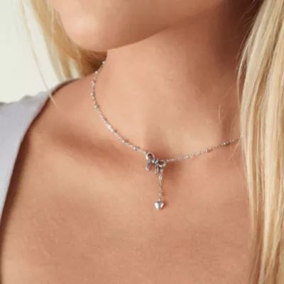 Delicate Bow and Heart Lariat Necklace in Sterling Silver - Image 5