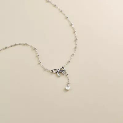Delicate Bow and Heart Lariat Necklace in Sterling Silver - Image 3