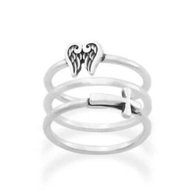 Angel Wings and Horizon Cross Ring Set in Sterling Silver