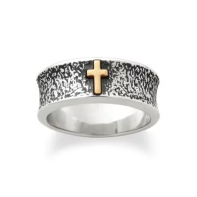 Textured Wedding Ring with Cross in Sterling Silver and 14K Yellow Gold