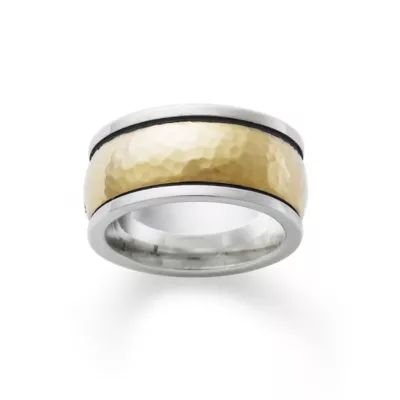 Wide Hammered Simplicity Wedding Ring in Sterling Silver and 14K Yellow Gold